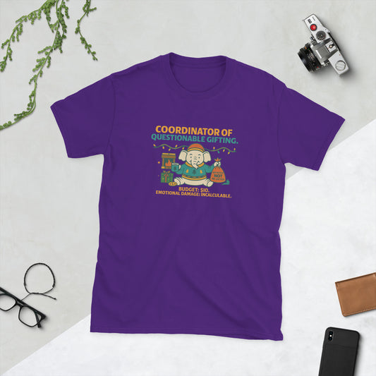 Purple t-shirt with humorous design on a light gray background