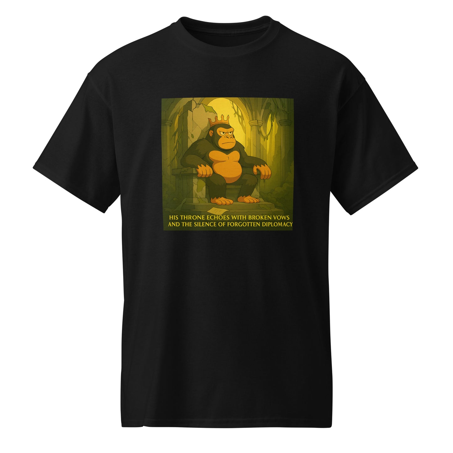 Black t-shirt with a graphic of a monkey king and text on a white background