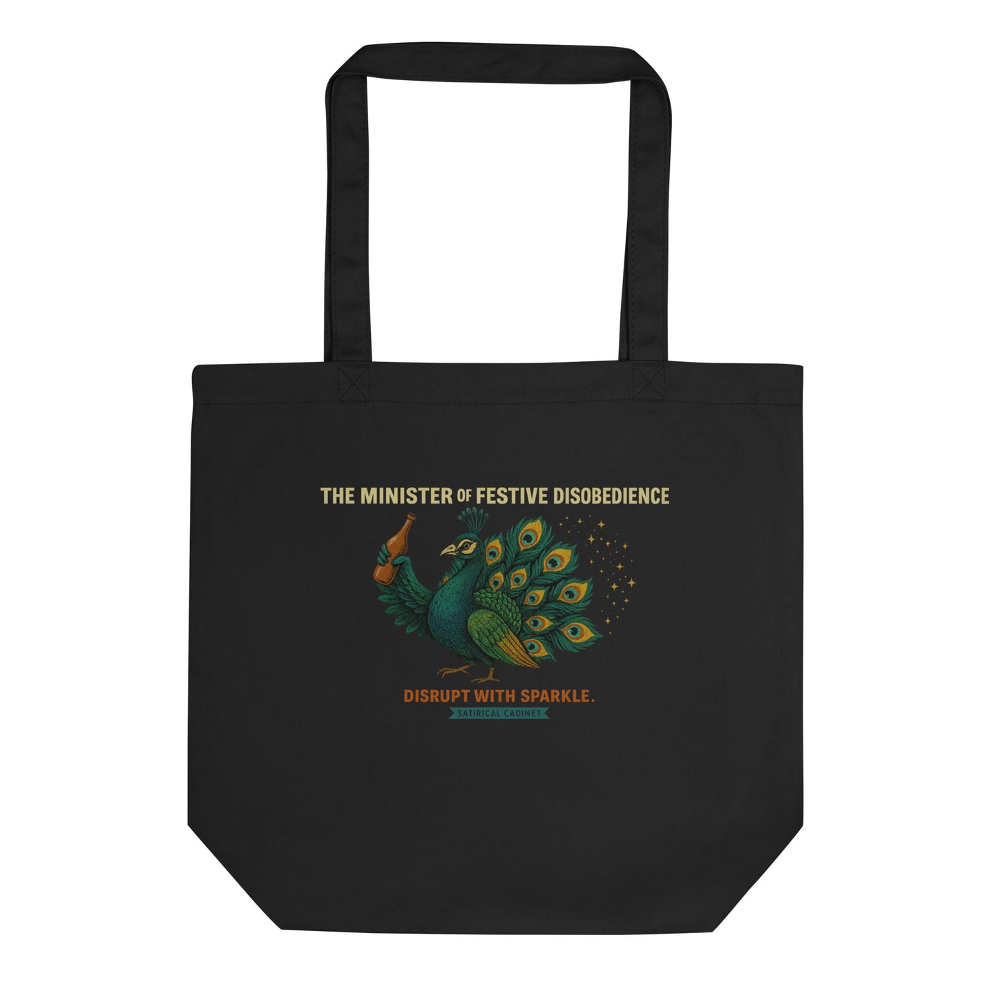Peacock tote – Minister of Festive Disobedience in satirical Cabinet style