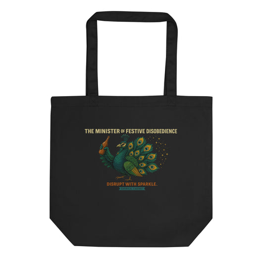 Peacock tote – Minister of Festive Disobedience in satirical Cabinet style