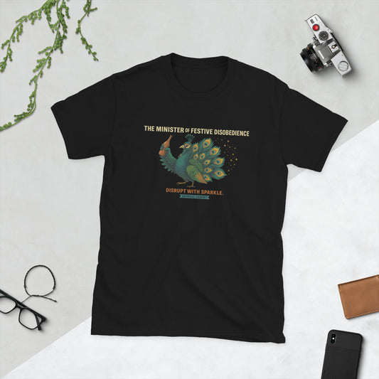 Satirical Cabinet tee – peacock archetype in festive defiance