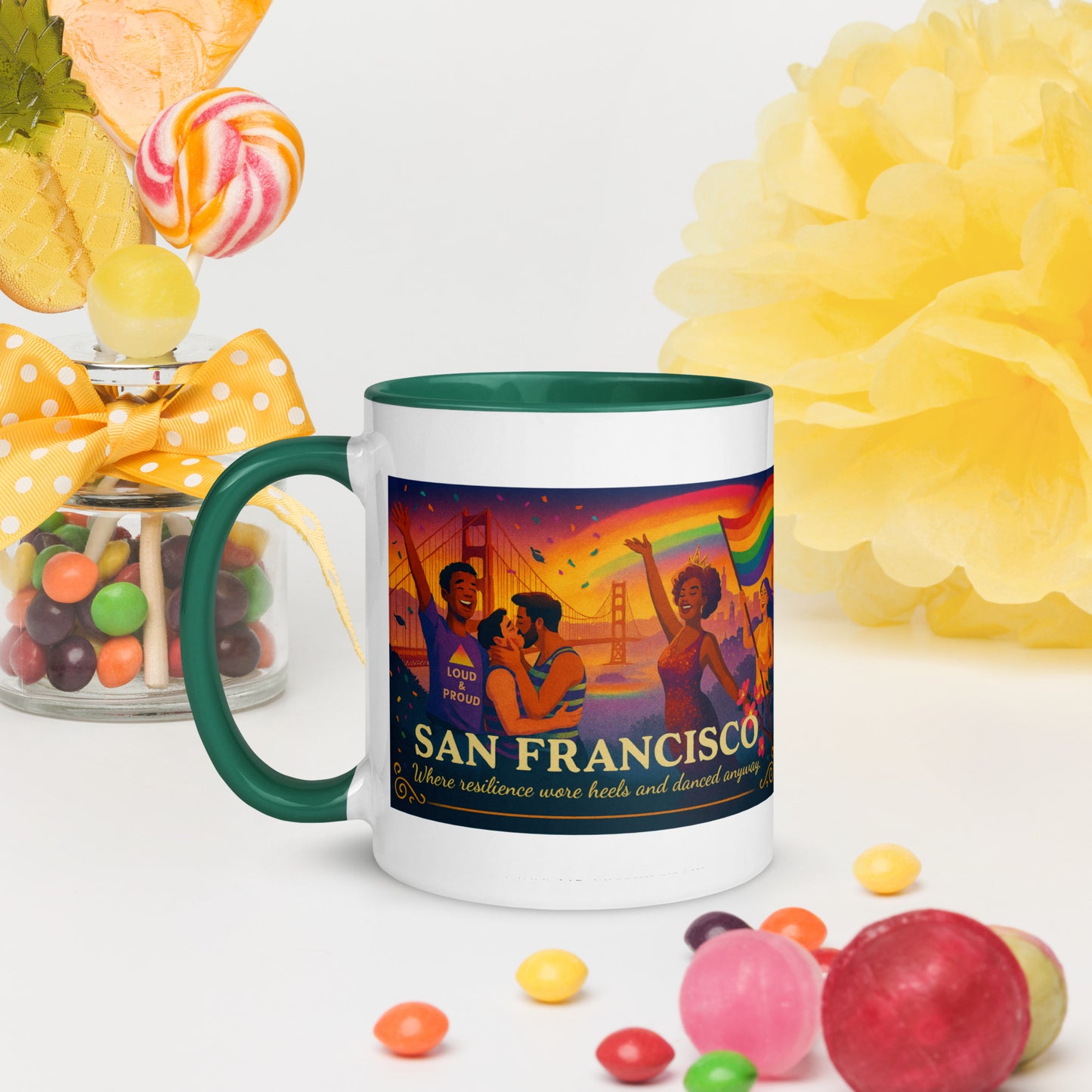 Mug with San Francisco design surrounded by colorful candies and flowers