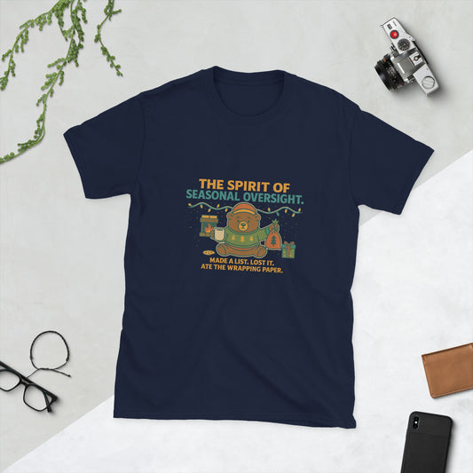 Navy blue t-shirt with humorous graphic and text on a light gray background